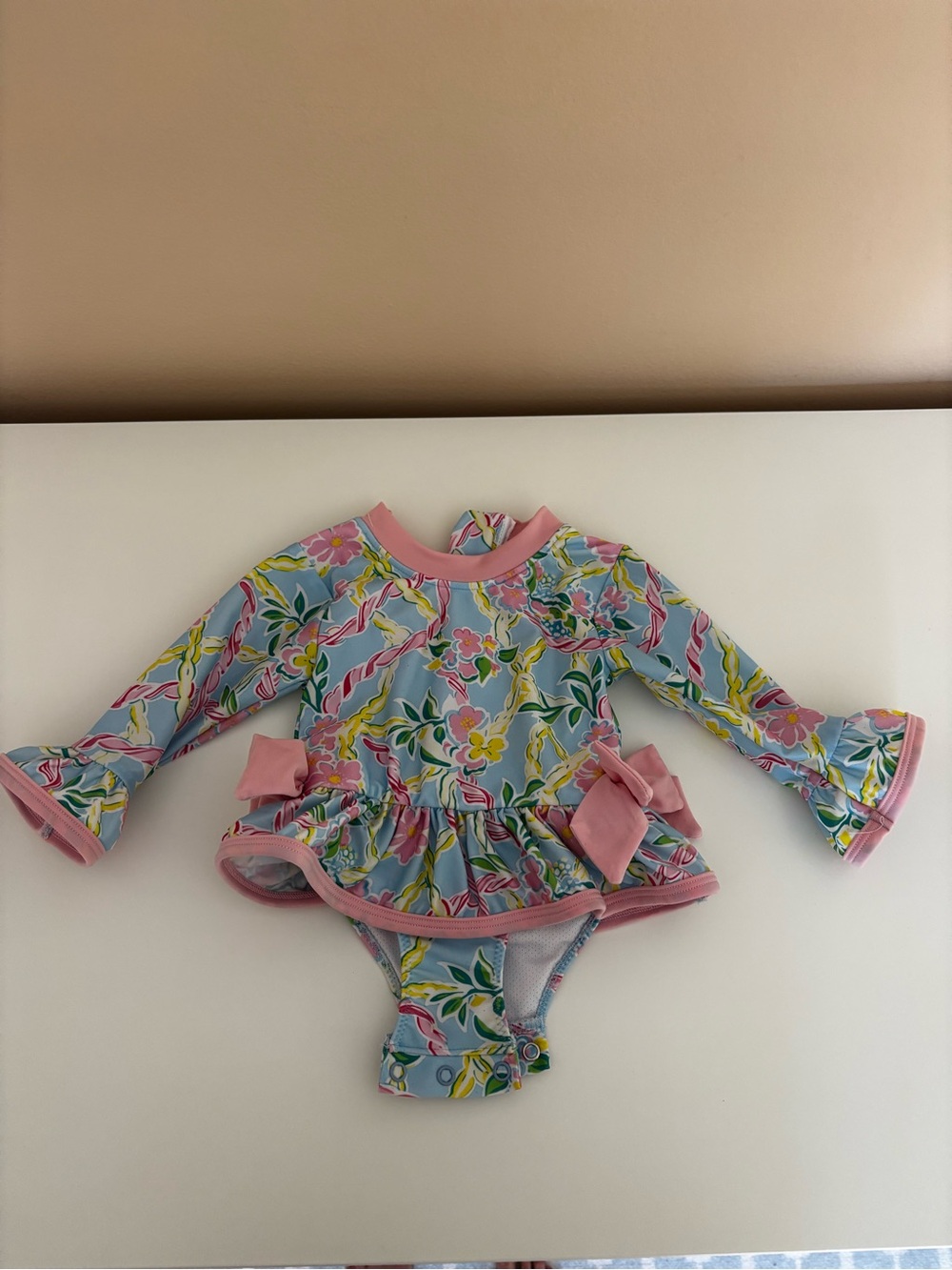 Smocked Flamingo Swimsuit - Pink & Light Blue Floral - 6M